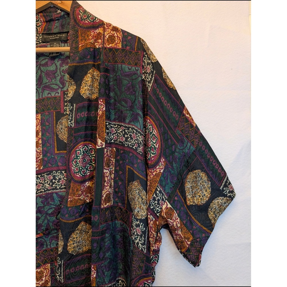 August Silk Intimates 100% Silk Kimono Robe Patchwork Tapestry Green Purple - Picture 5 of 11